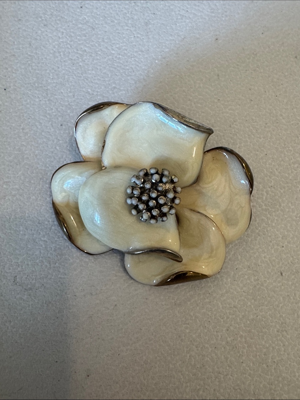 Ivory Enamel Flower Decorative Brooch multi dimensional Vintage